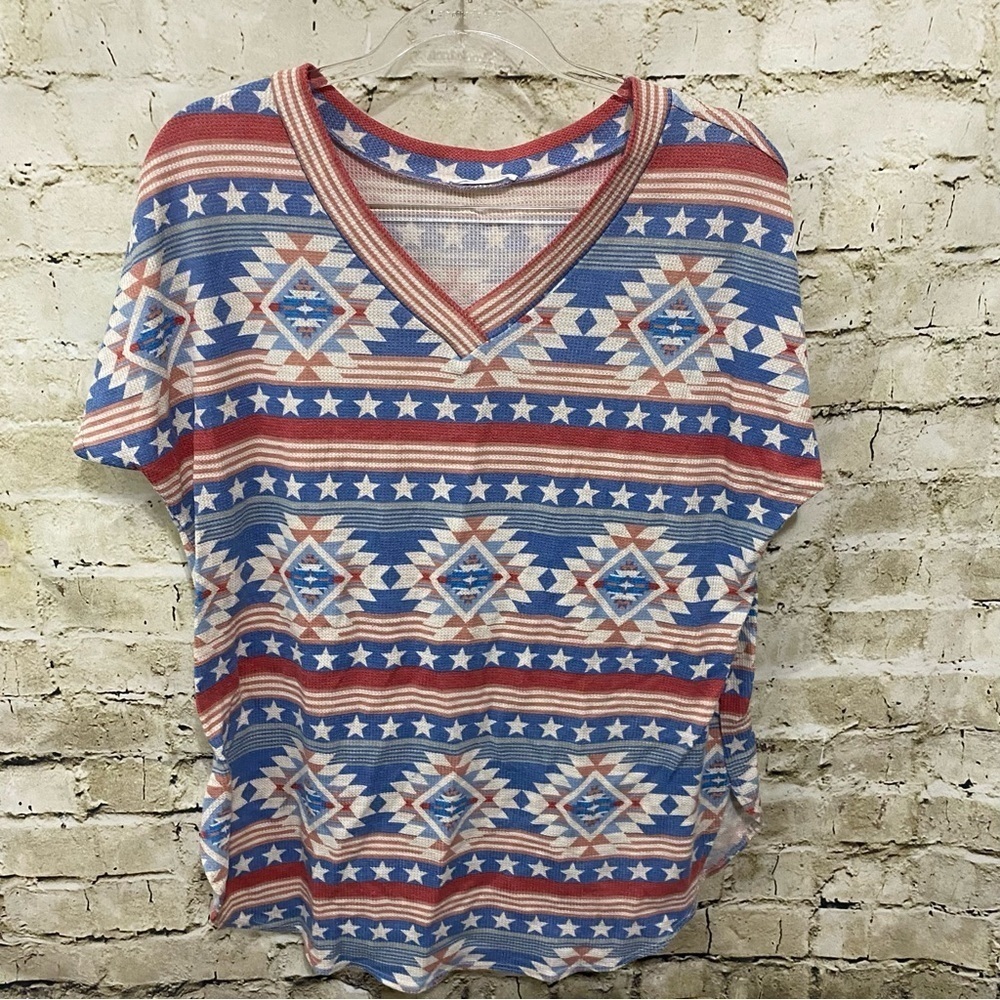 Bombom Red Blue Patriotic Stars V Neck Short Sleeve Top